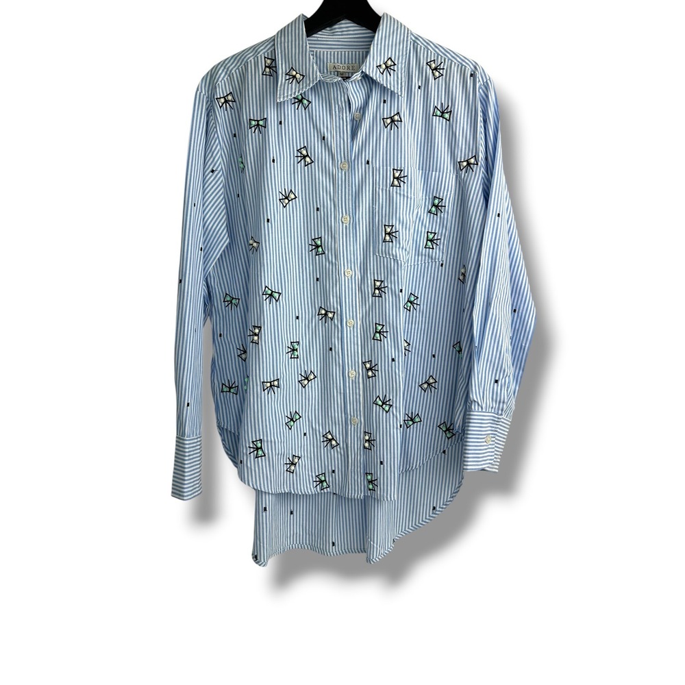 Adore Womens Blue White‎ Striped Embroidered Beaded Button Down Shirt Size M